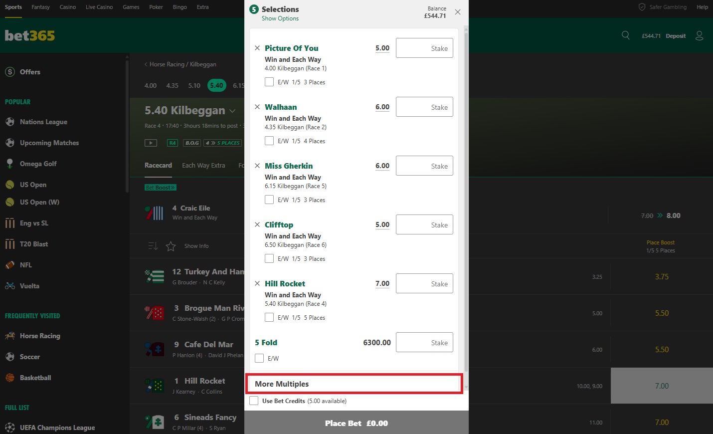  5:40pm racecard at Kilbeggan on Bet365 with an open bet slip in the middle of the webpage that has the show all multiples option highlighted